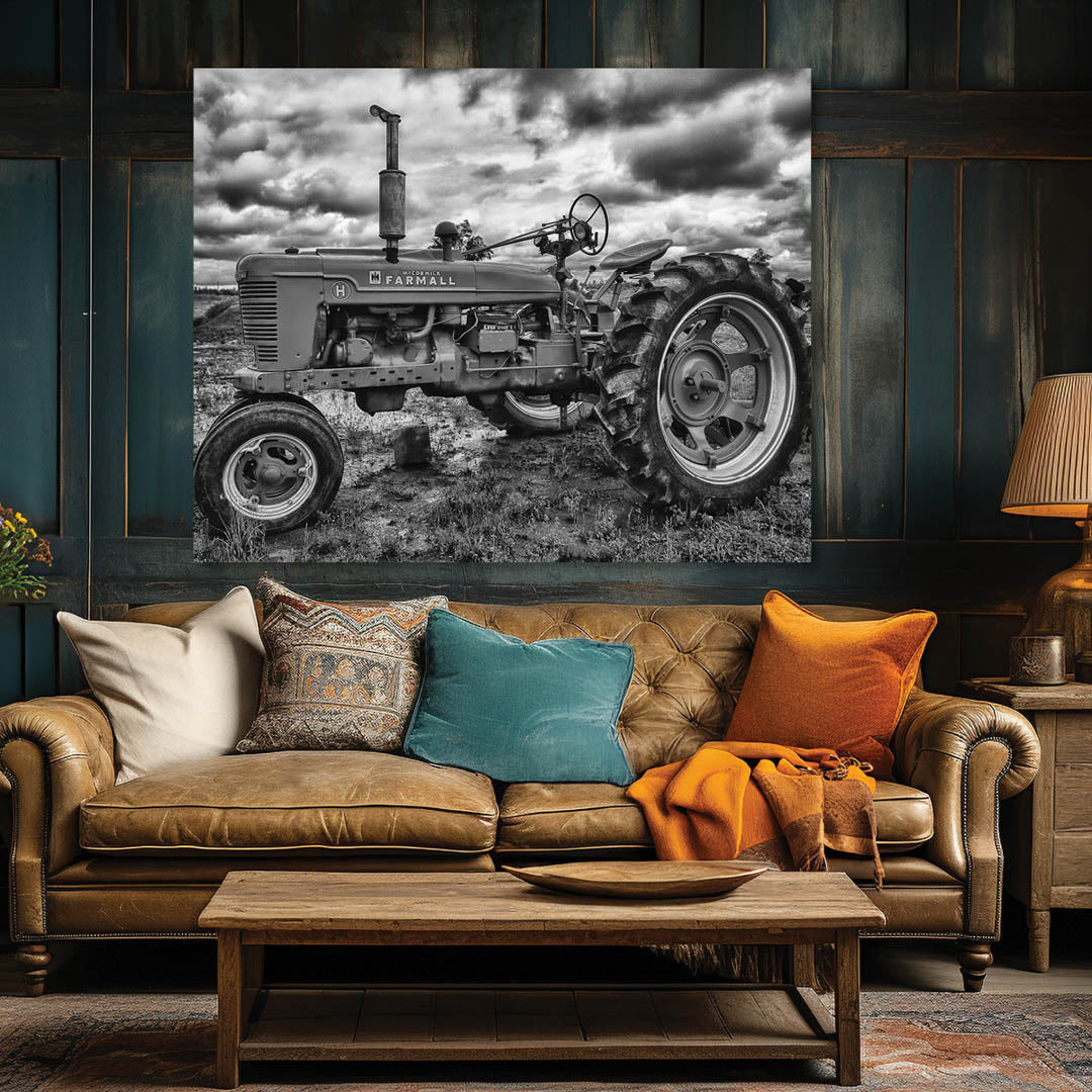 black and white tractor wall art