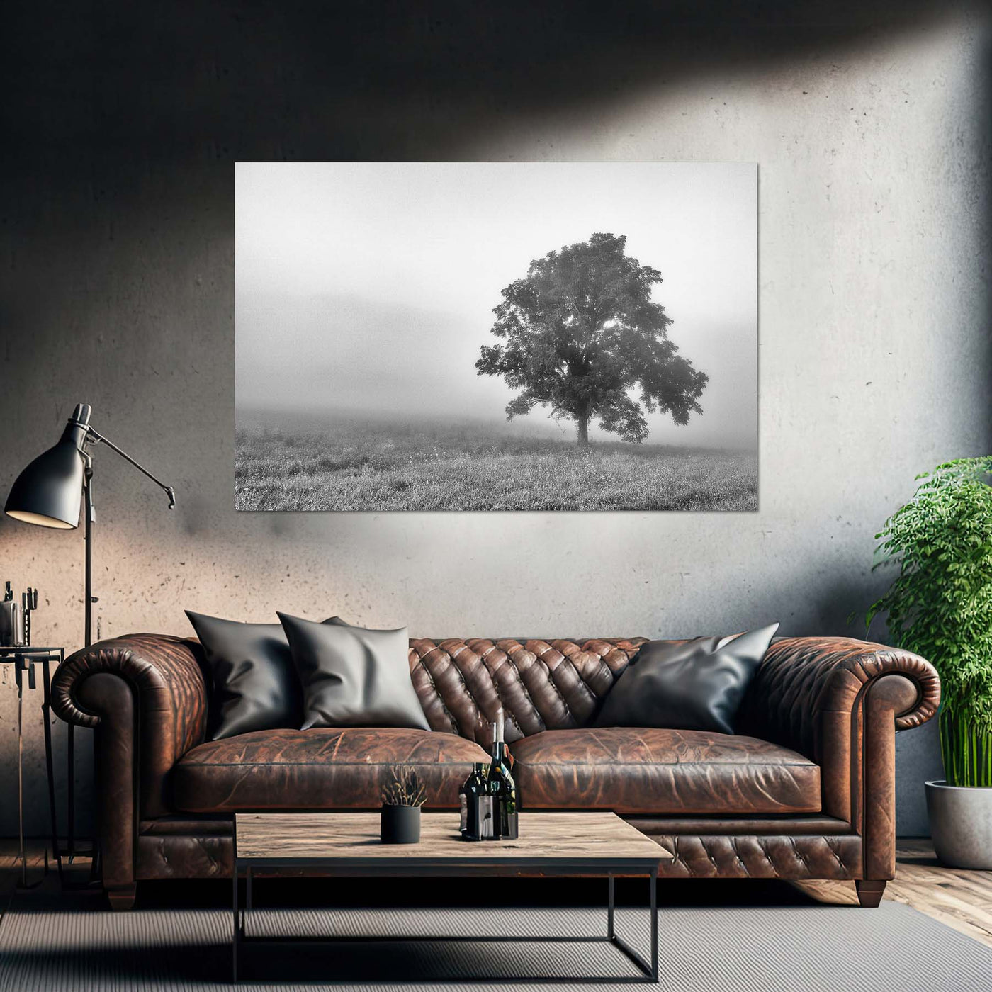 Tree in a Foggy Field Black and White Print