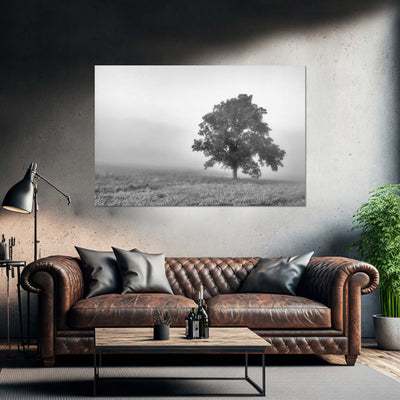 Tree in a Foggy Field Black and White Print
