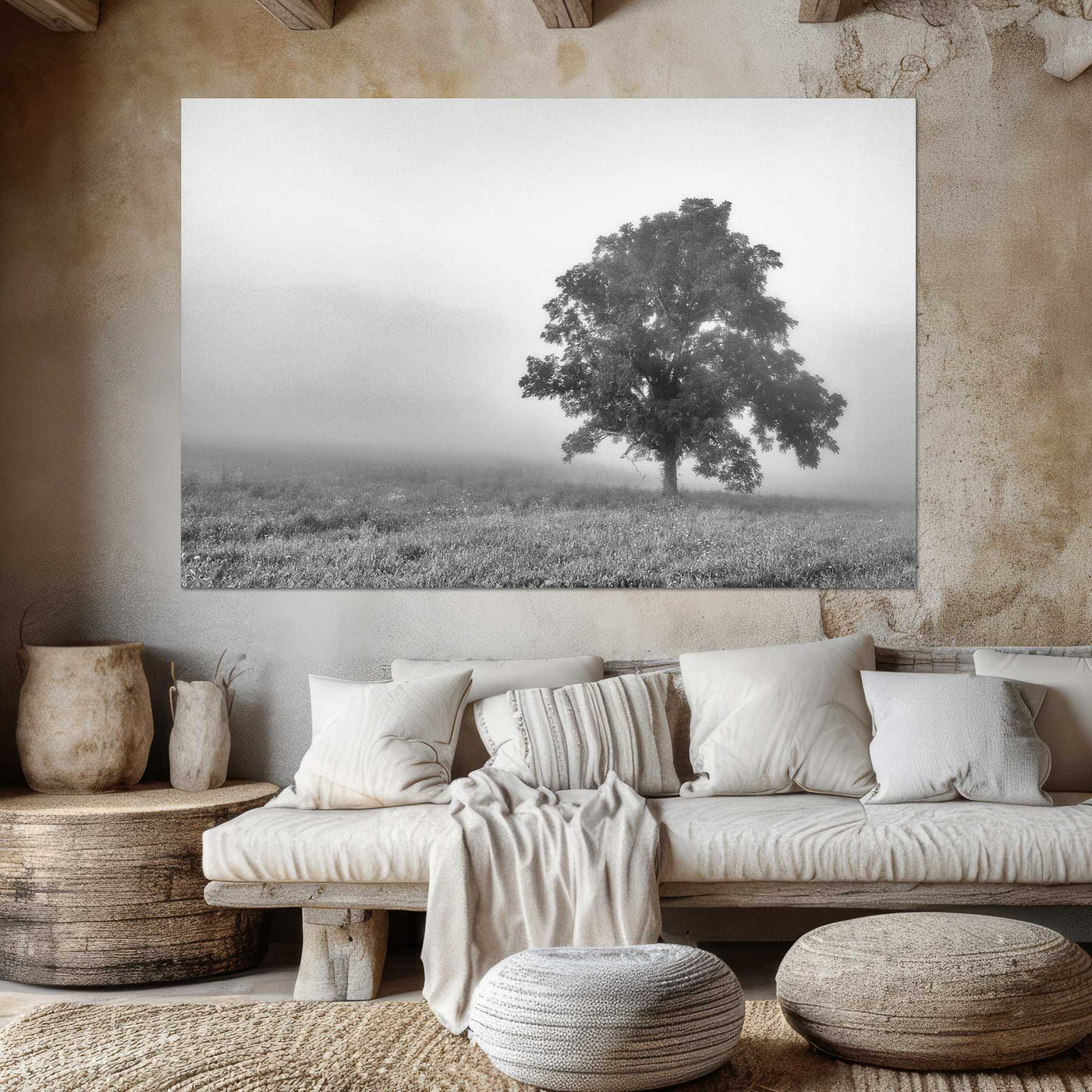 Tree in a Foggy Field Black and White Print