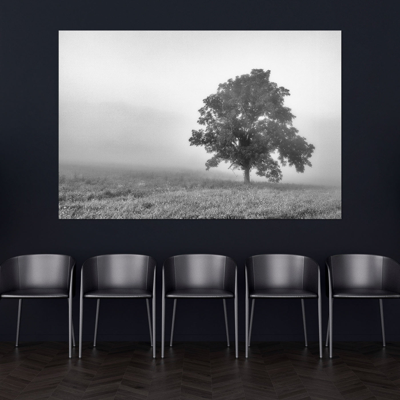 Tree in a Foggy Field Black and White Print