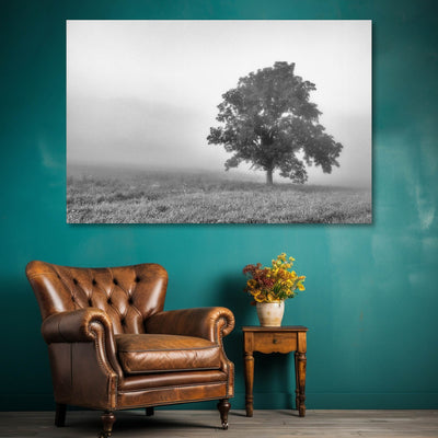 Tree in a Foggy Field Black and White Print