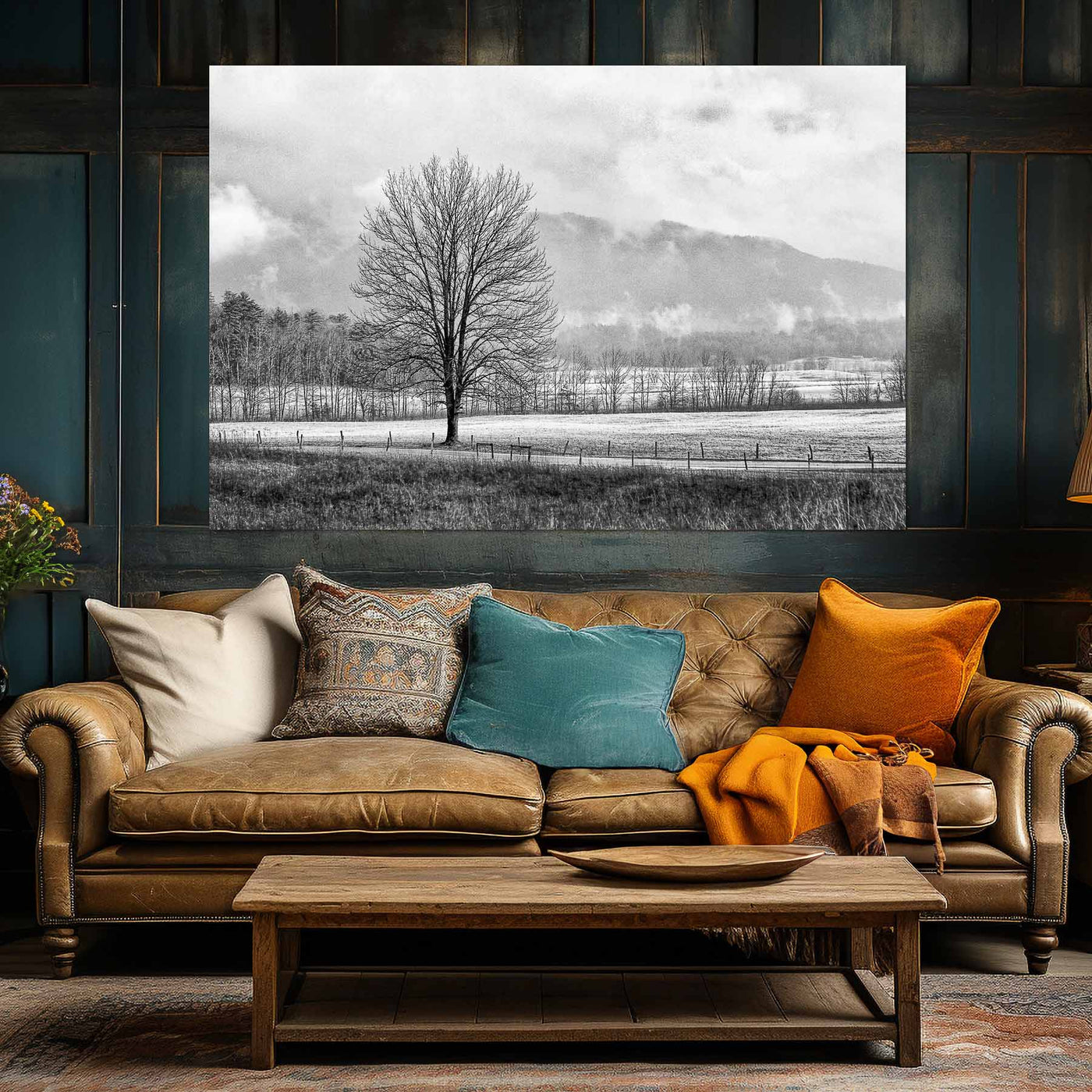 Black and White Tree and Country Road Art Print