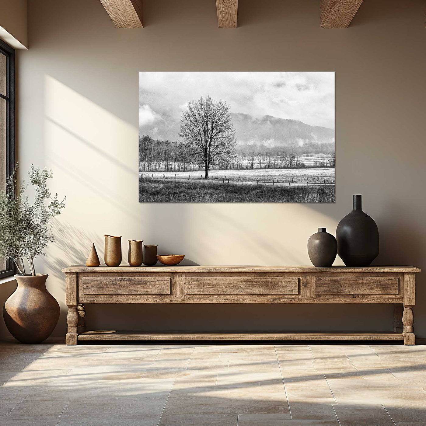 Black and White Tree and Country Road Art Print