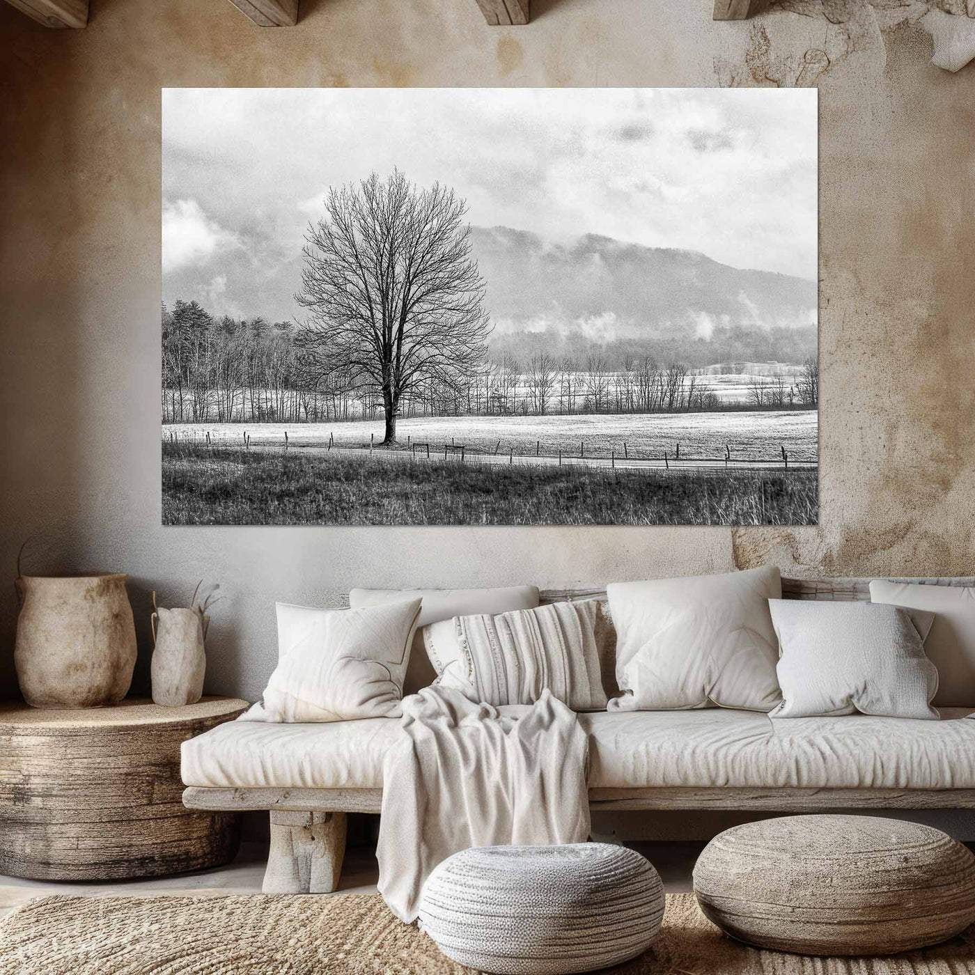 Black and White Tree and Country Road Art Print