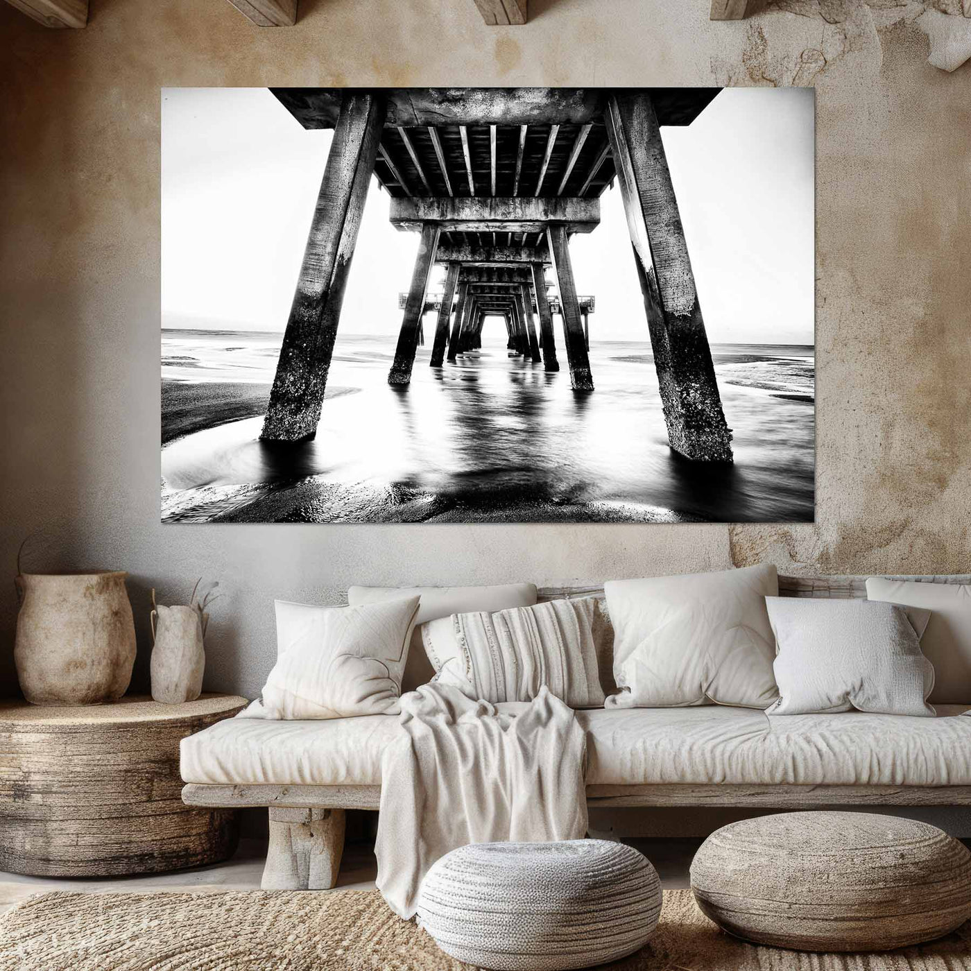Black and White Beach Pier Wall Art Print