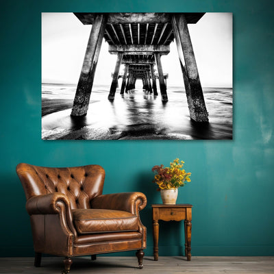 Black and White Beach Pier Wall Art Print