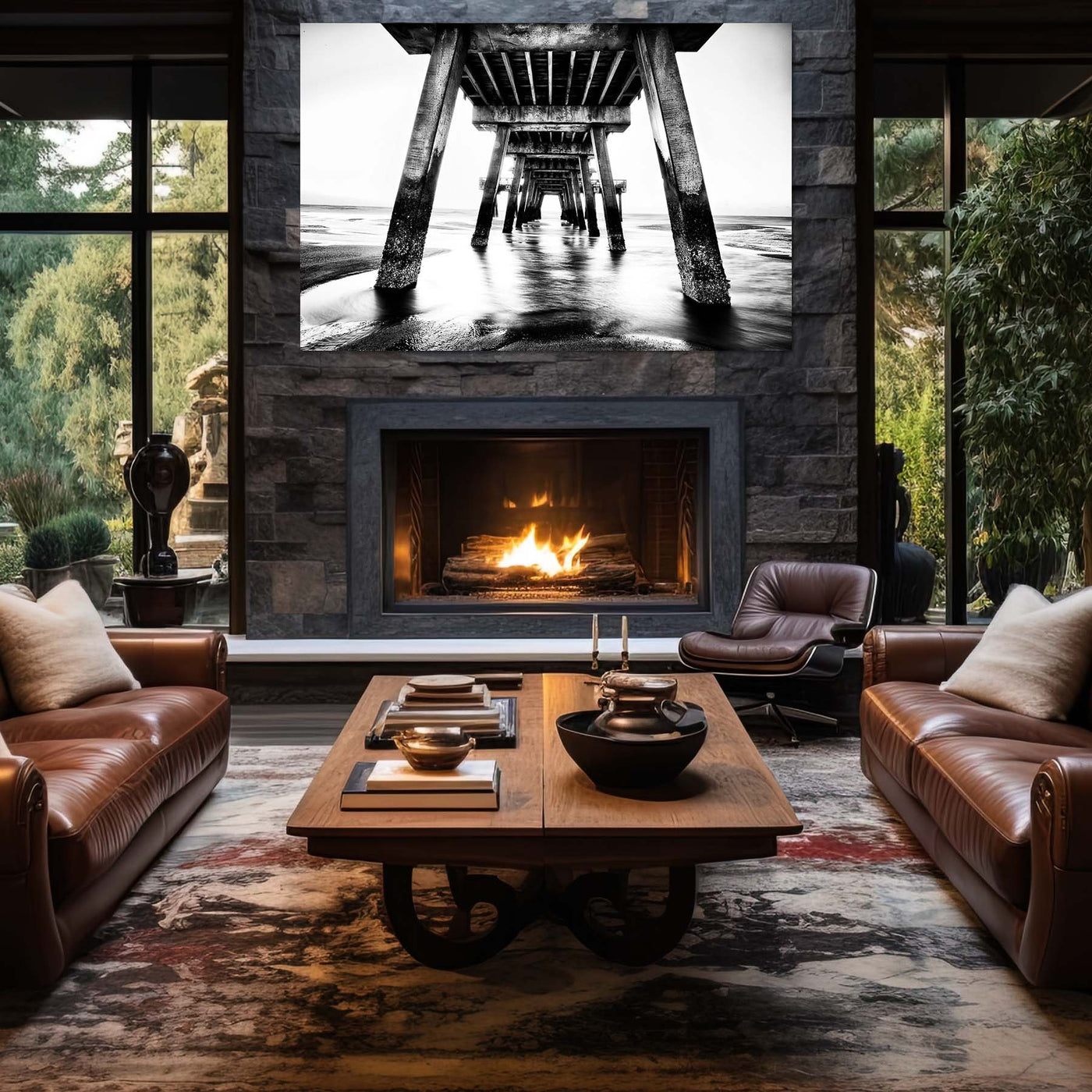 Black and White Beach Pier Wall Art Print
