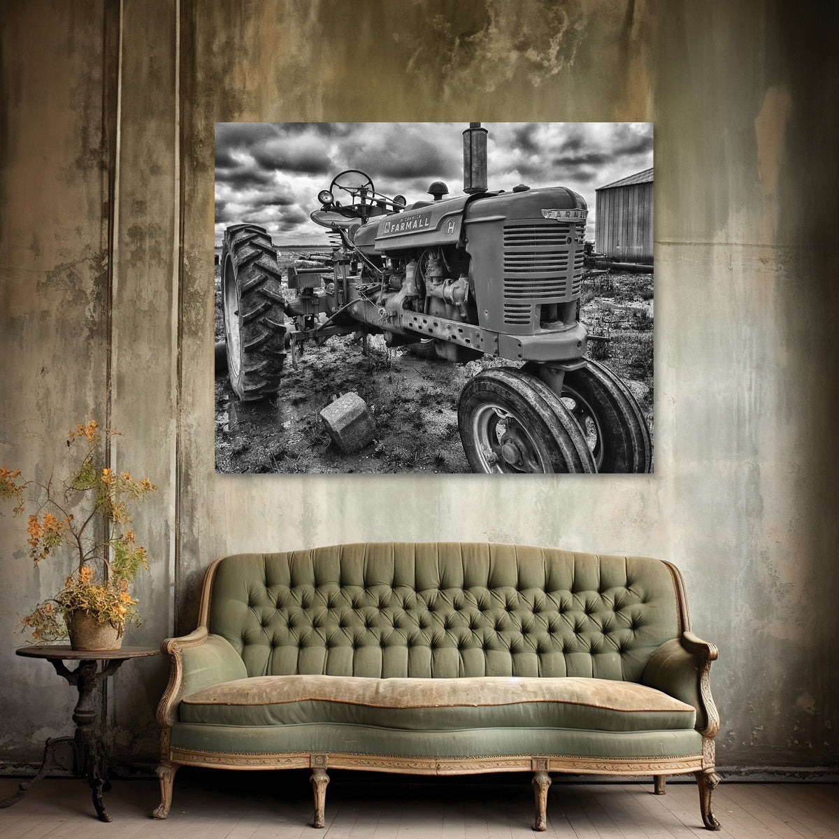 black and white vintage tractor wall art