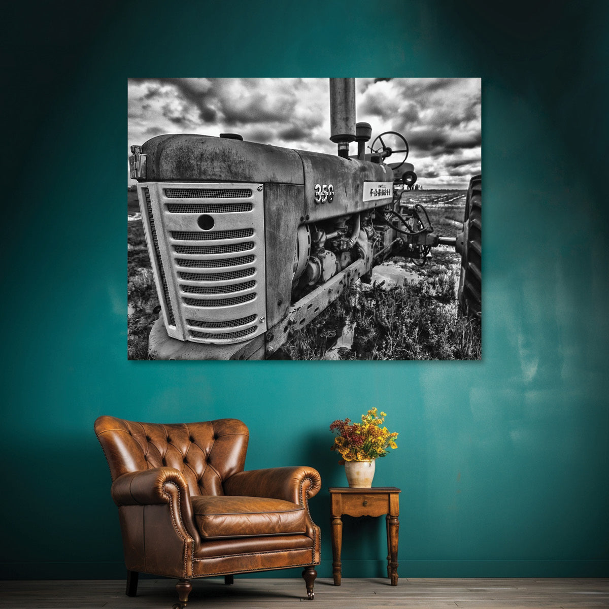Antique Tractor Black and White Art Print