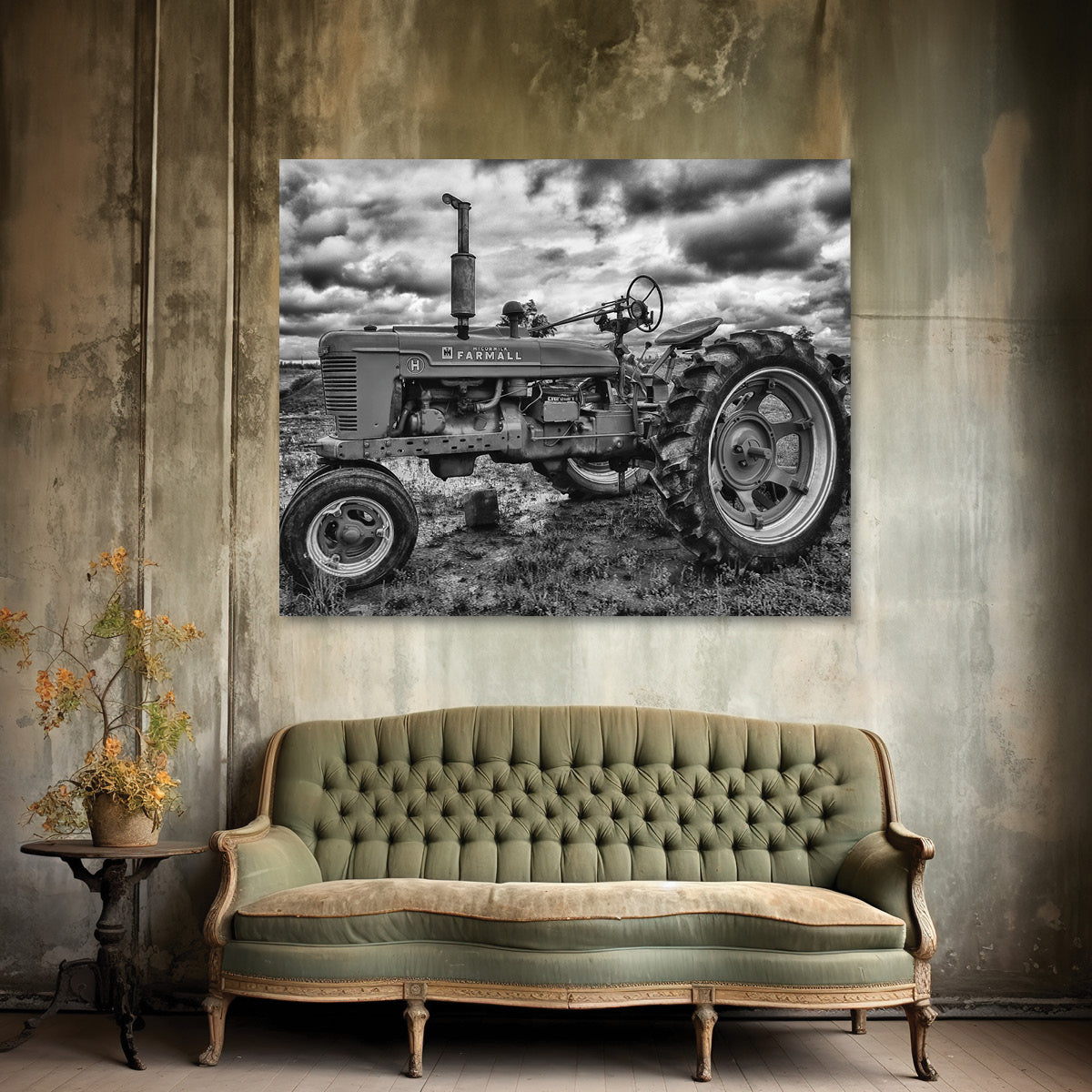 black and white tractor decor