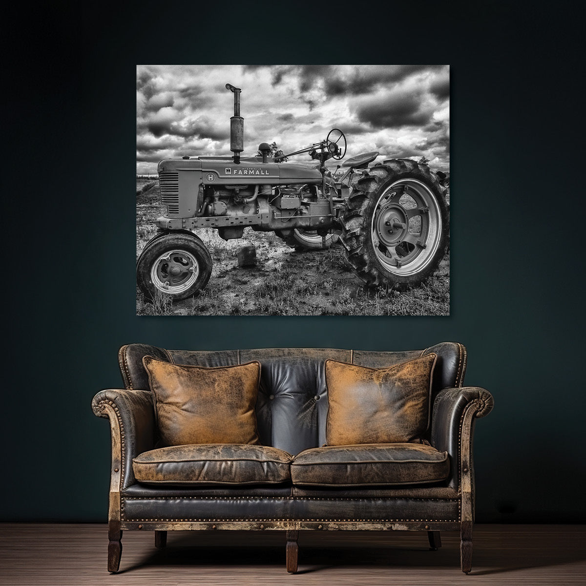 black and white old tractor wall decor