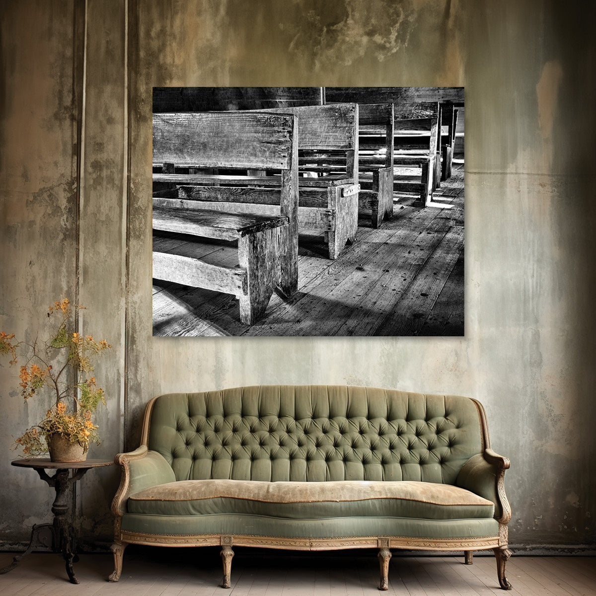black and white church pew bedroom art